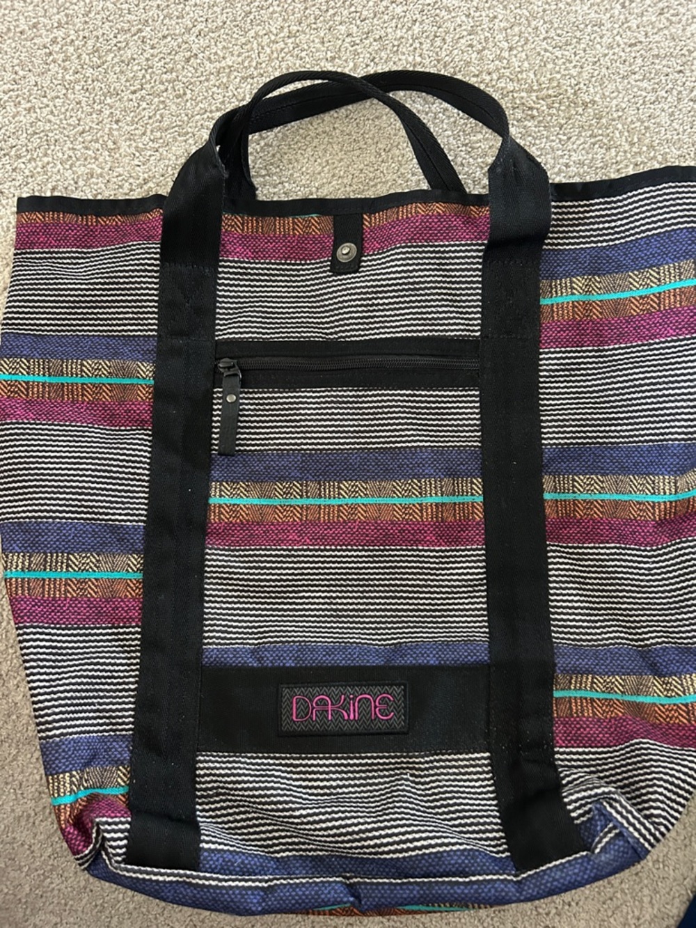 Dakine Black Tote with Purple, Teal & Blue Stripes. Beach bag